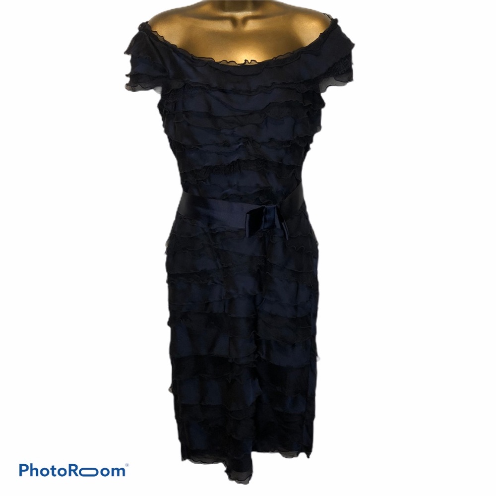 Tadashi Shoji silk navy blue ruffled dress